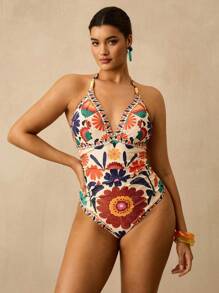 Travachic Plus Size Bohemian Style Tropical Beach Colorful Floral Print V-Neck Backless One-Piece Swimsuit For Women, Summer