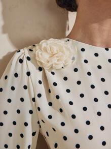 Graceveil 松紧腰系带波点花卉3D装饰宽松袖阿拉伯风格连衣裙 - 杏色 - 查看 6