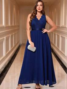 SHEIN Clasi Plus Size Women's Elegant Royal Blue Wedding Guest Dress,Autumn Formal V-Neck Lace Wave Edge Sleeveless A-Line Flowing Chiffon Long Dress - Navy Blue - View 9