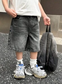 SHEIN Young Boy Summer Retro Vintage Washed Cat Whiskers Loose Fit Denim Bermuda Shorts, Spring Summer Clothes Streetwear And Spring Break