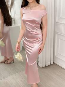Teen Girl Solid Color Asymmetric Neckline Ruffle Fitted Elegant Dress