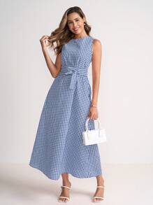 Ellevyn 女士夏季休闲度假野餐格子圆领系带腰口袋无袖宽松连衣裙，适合各种场合、休闲、通勤和旅行 - 藍白色 - 查看 2