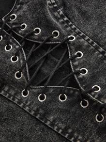 SHEIN ICON 女式无袖性感镂空牛仔系带短款上衣 - 深灰色 - 查看 4