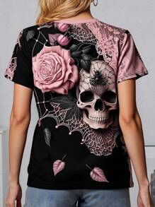EMERY ROSE Summer Leisure Women's Casual Skull Print Short Sleeve T-Shirt Graphic Tees Women Tops