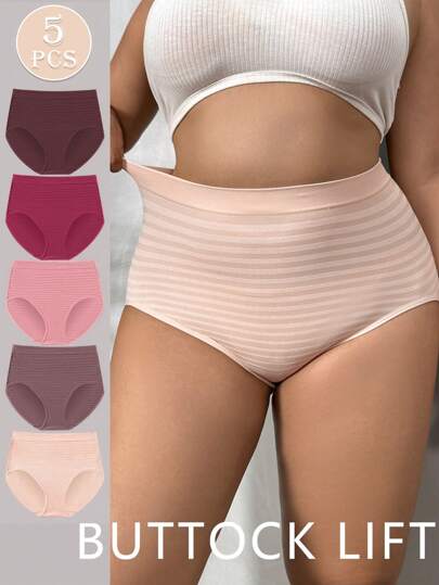 NudeFit 5PCS Women Plus Size Comfy Stretch High Waisted Striped Seamless Full-Coverage Panties