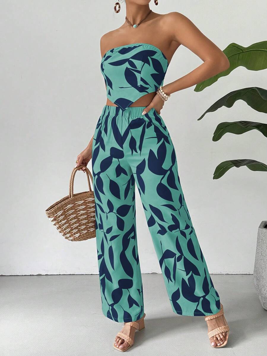 Breezaya 2件套：植物印花抹胸和长裤，度假休闲 - 藍色 - 查看 1