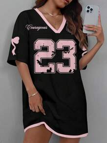 SHEIN EZwear 大码女式休闲简约粉色蝴蝶结装饰网眼V领迷你连衣裙 - 黑色 - 查看 1