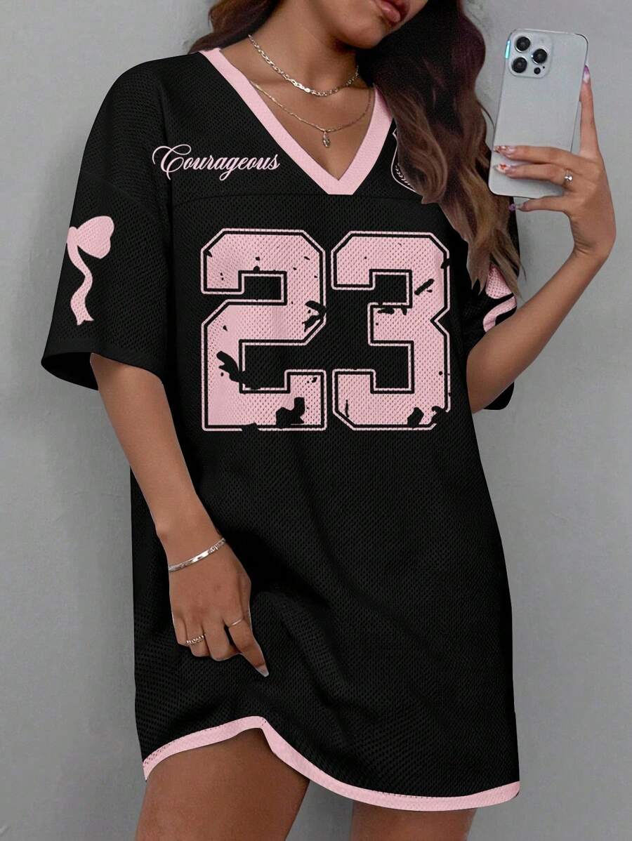 SHEIN EZwear 大码女式休闲简约粉色蝴蝶结装饰网眼V领迷你连衣裙 - 黑色 - 查看 1