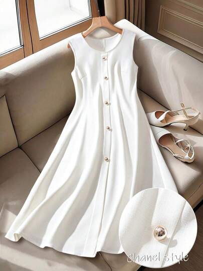 GlowEve CURVE 大码女式优雅纯色圆领无袖高品质修身休闲/工作连衣裙，夏季