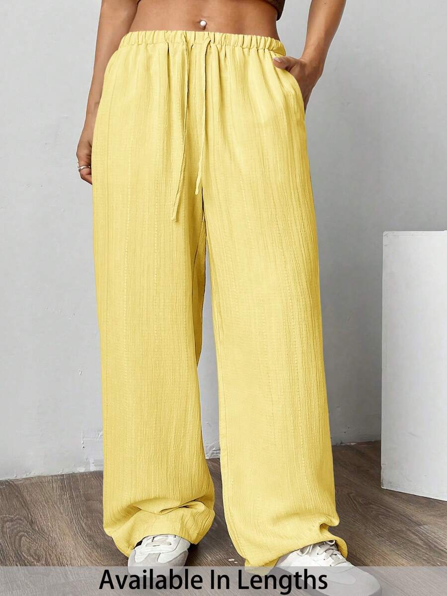 SHEIN PETITE CURVE Casual Yellow Woven Fabric Long Straight Leg Pants With Comfortable Fit And Pockets Women Wide Leg Pants Palazzo Pants Women