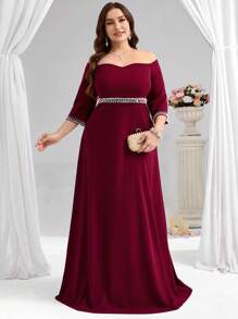 Coutiva Vestido de noche formal de talla grande con hombros descubiertos, cintura ceñida, abertura y decoración de cristales (estilo muy adornado)