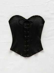 Soleia 性感吊带绒面铆钉解构短款上衣，假日，约会，下午茶，度假，音乐节，波西米亚风，海滩，夏季黑色紧身胸衣上衣黑色系带紧身胸衣西部紧身胸衣 - 黑色 - 查看 4