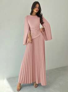 Firerie 优雅时尚浪漫时尚端庄褶皱高腰超长袖蓝色A字连衣裙 - 藕粉色 - 查看 4