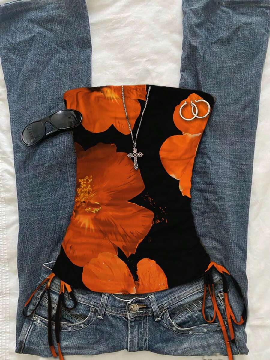 Attitoon 橙色和黑色热带花卉印花褶饰扭纹短款吊带背心，适合夏季旅行和度假