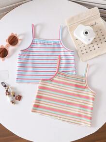 SHEIN 2 件女童时尚罗纹/罗纹上衣套装，夏季 - 彩色 - 查看 3