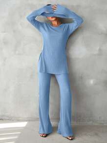 RueChic 2pcs/Set Women Casual Solid Color Bell-Sleeve Top & Pants - Baby Blue - View 4