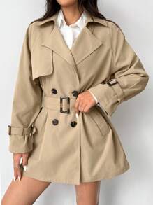SHEIN EZwear 女式秋季新款纯色休闲长袖卡其色经典风衣 - 卡其色 - 查看 1