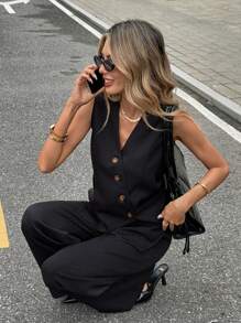 Siren Gaze Conjunto de traje de negocios casuales para mujer, atuendo de oficina, atuendo familiar, conjunto de traje de negocios casuales para mujer, atuendo de oficina para mujer, conjunto de traje cruzado de solapa única sin mangas para mujer, traje de oficina para ir y venir en otoño/invierno