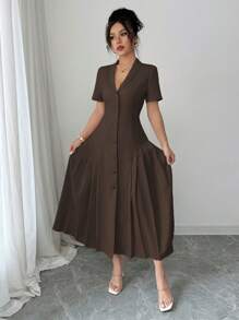 Elenzga 女士春夏法式优雅通勤商务休闲纯色翻领纽扣腰 A 字褶袖长裙 - 咖啡 - 查看 4
