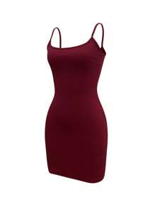 INAWLY Women Solid Color Simple Casual Spaghetti Strap Dress - Burgundy - View 4