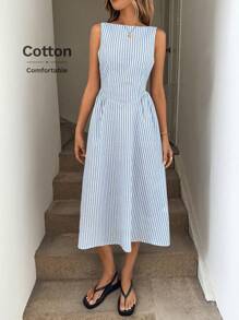 Easowa 圆领无袖褶饰腰部喇叭条纹中长连衣裙，棉质面料，适合休闲夏日假期优雅外出，蓝色和白色