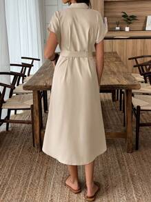 Elouméa Women Solid Color Front Button Short Sleeve Mid-Length Dress - Apricot - View 2