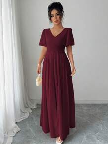 Elenzga Flounce Sleeves Waist Cinched V-Neck A-Line Simple & Elegant Romantic Ladies' Dress - Burgundy - View 5