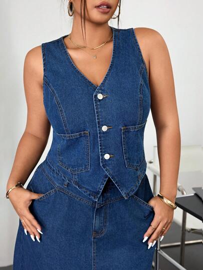 SHEIN ICON 女式大码休闲水洗蓝色短款牛仔背心