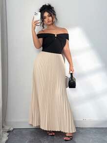 Elenzga Große Größen Elegantes plissiertes Farbblock-Kleid, Off-Shoulder für Damen, Off-Shoulder