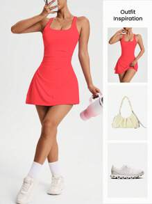 CourtClass Đầm thể thao không tay xếp nếp cổ vuông màu trơn cho nữ - Đỏ - Xem 8
