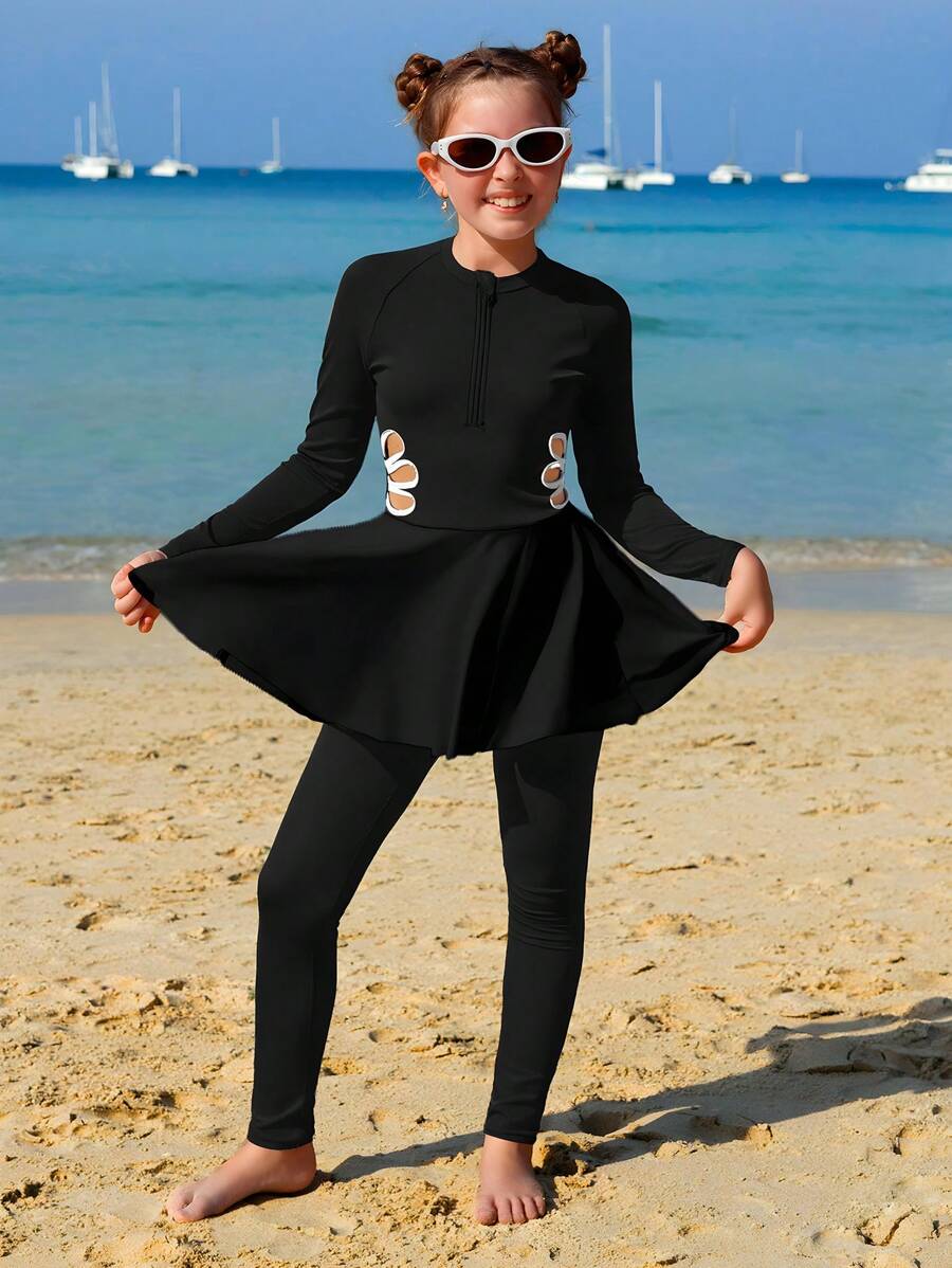 青少年女童分体泳衣，女童大童度假分体泳衣，侧面镂空设计，时尚休闲优雅泳装，大童夏季泳衣黑色长袖长裤泳衣，适合游泳、度假 - 黑色 - 查看 1