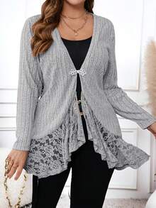 SHEIN Clasi Plus Size Solid Color Lace Patchwork Front Button Long Sleeve Casual T-Shirt Elegant Woman Clothing