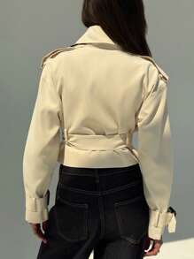 Aloruh New Khaki Versatile Crop Trench Coat With Waist Cinching, Double-Breasted Detachable Cape Design, Retro Chic