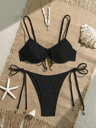 Swim Mod 2 件套春假套装：纯色系带吊带文胸上衣和扭纹侧泳裤，可爱夏季沙滩比基尼套装，女士适用