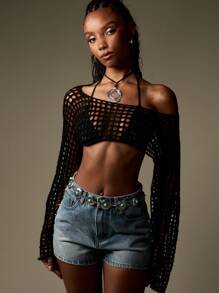 MISSGUIDED Fishnet Bell Sleeve Crop Sweater Festival Bohemian Knit Beach Cover Up Western Grunge Spring Knitwear - Black - View 6