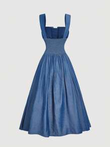 SHEIN MOD 女式蓝色天丝材质细肩带宽松下摆长裙，V领，夏季牛仔效果女式派对连衣裙 - 深色水洗藍 - 查看 2