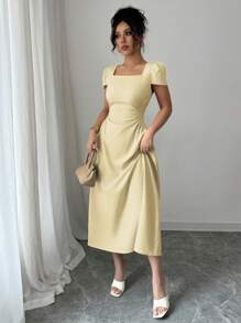 Elenzga 女士优雅法式纯色方领收腰修身休闲度假下午茶泡泡袖迷你连衣裙 - 淡黃色 - 查看 6