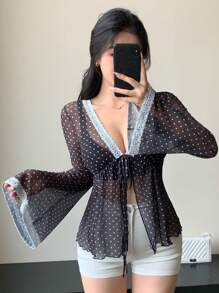DAZY 女式波尔卡圆点网眼蕾丝拼接长袖V领系带透视性感休闲上衣 - 黑色 - 查看 1