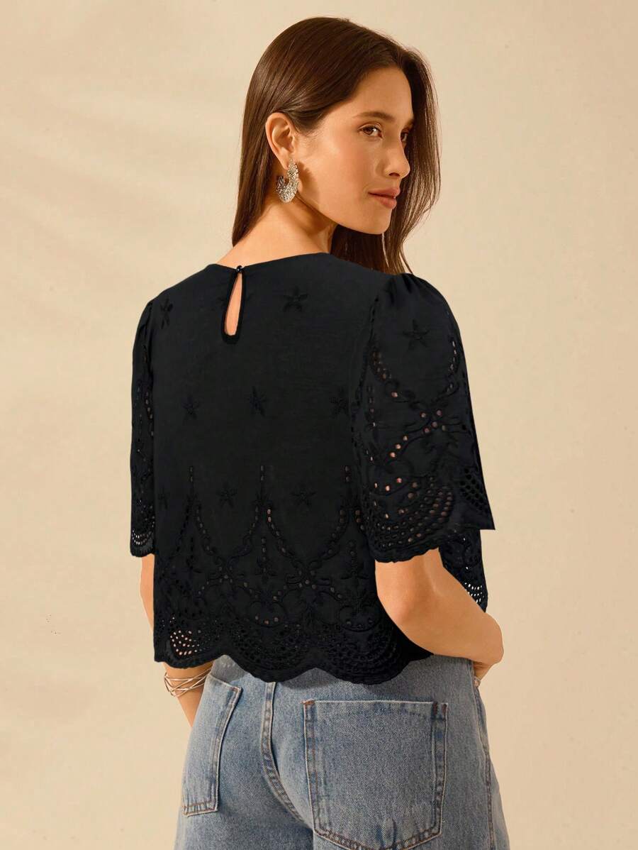 CAJUNI Women's Lace Hollow Short Top With Shoulder Ruching, Vacation Casual - Black - View 1