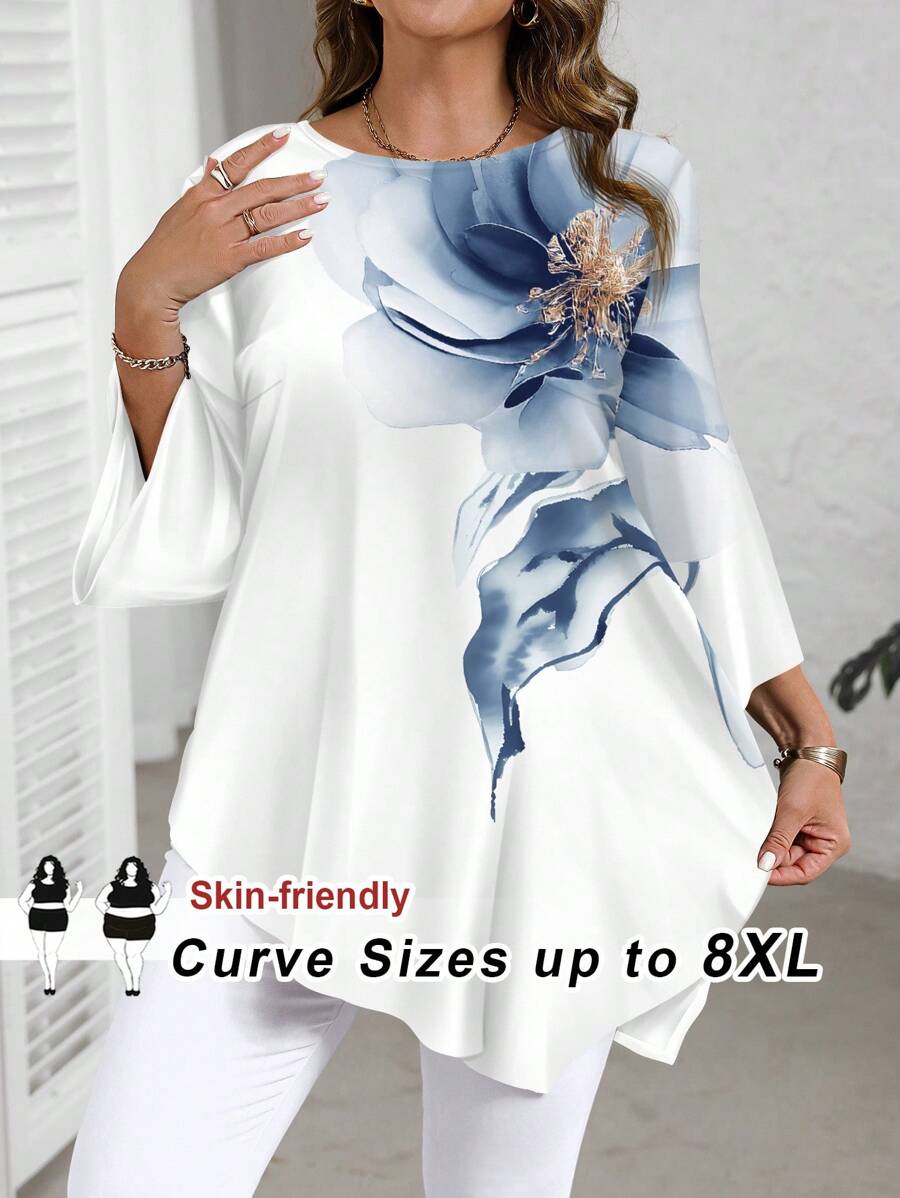 SHEIN CURVE+ 大码女式节日花卉印花圆领七分袖宽松不对称下摆衬衫 - 彩色 - 查看 1