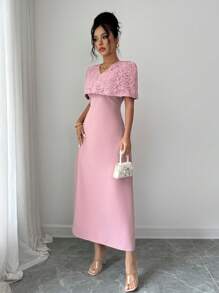 Modelyn Women's Woven Mesh Embroidered Cape Design French Elegant Dress - Pink - View 8
