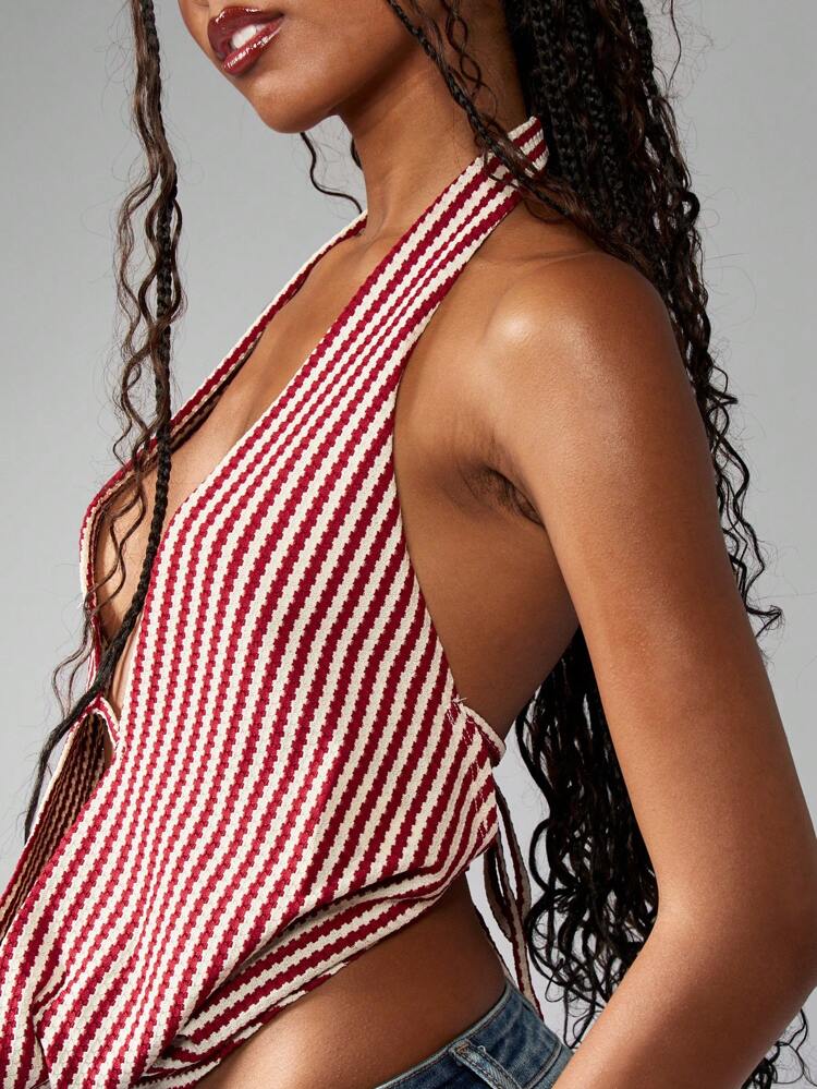MISSGUIDED Halter Neck Striped Bandeau Tie Back Summer Festival Beach Party Holiday Cropped Tank Top Beachwear Resort Casual Fashion Retro Style Christmas