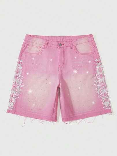 Men's Street Life Floral Embroidery Pocket Loose Casual Versatile Denim Shorts