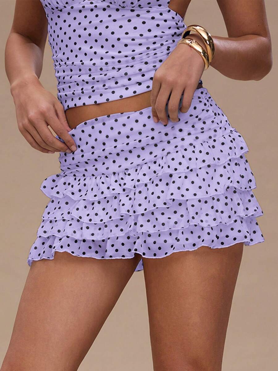 SHEIN BAE 女式波点印花多层荷叶边下摆短裙，春夏