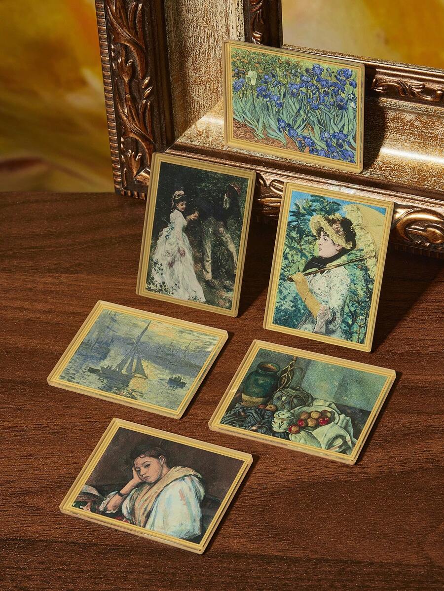 SHEIN Touch of Art 6 幅名画印刷亚克力冰箱贴纸，冰箱装饰用品，适用于厨房和办公室白板，文森特·梵高、皮埃尔·奥古斯特·雷诺阿 - 彩色 - 查看 1