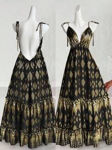 Breezaya Boho 女式 V 领性感优雅露背交叉系蝴蝶结金箔花卉印花波西米亚海滩连衣裙，荷叶边下摆无袖 2025 春夏新款演唱会服装毕业婚礼嘉宾晚礼服生日礼服演唱会服装女式长款连衣裙 - 黑色 - 查看 7