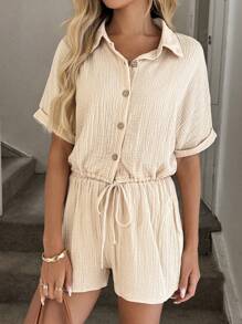 SHEIN LUNE 蝙蝠袖前打結襯衫和短褲