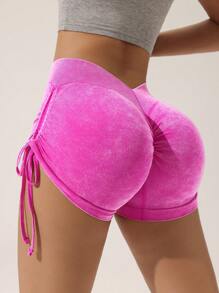 Slayform Slayform Shorts sin costuras de ejercicio con estiramientos altos, que levantan el trasero, con forro cepillado y cordón - Rosa Fucsia - Ver 5