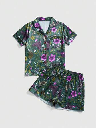 Fairycore Ensemble de pyjama d'été casual pour femmes avec imprimé floral de plante féerique et papillon, col, manches courtes et shorts, effet blocs de couleurs