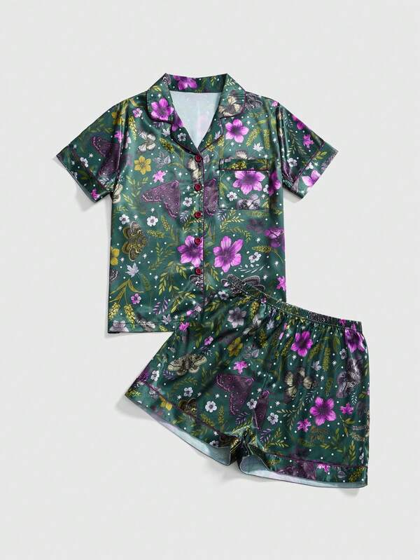ROMWE Fairycore Fairy Plant & Butterfly Floral Print Collar Short Sleeve & Shorts Casual Color-Blocking Women Summer Pajama Set